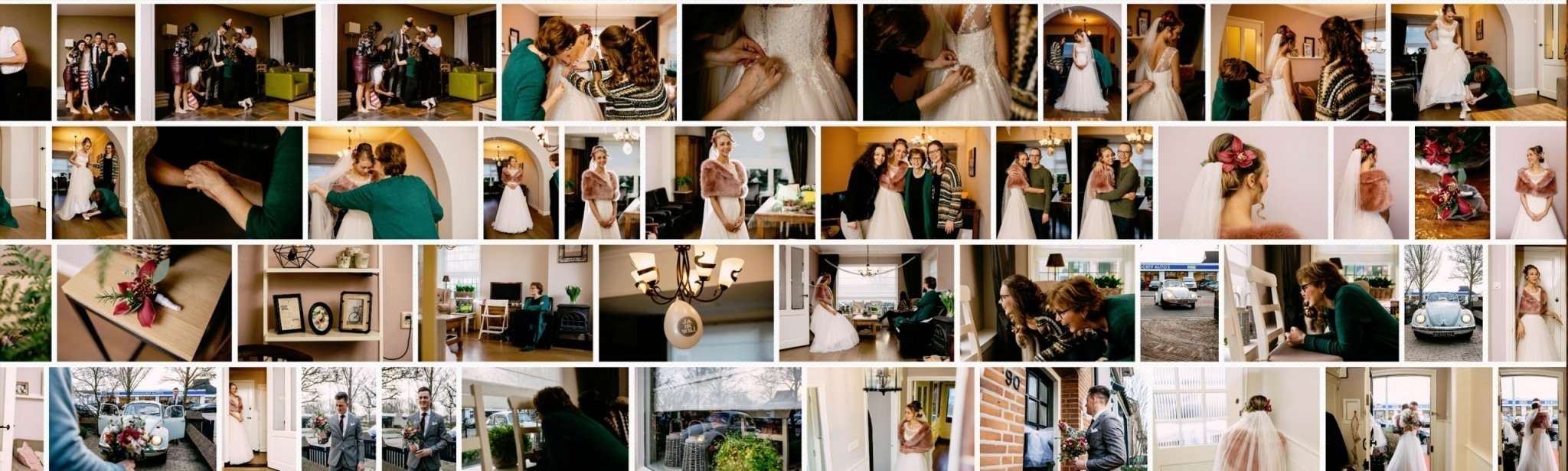 Een collage van bruidsjurken.