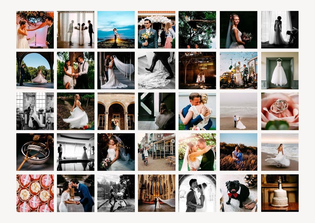 Een Instagram-collage met de verbluffende fotografie van een trouwfotograaf die mooie momenten van bruiden en bruidegommen vastlegt.