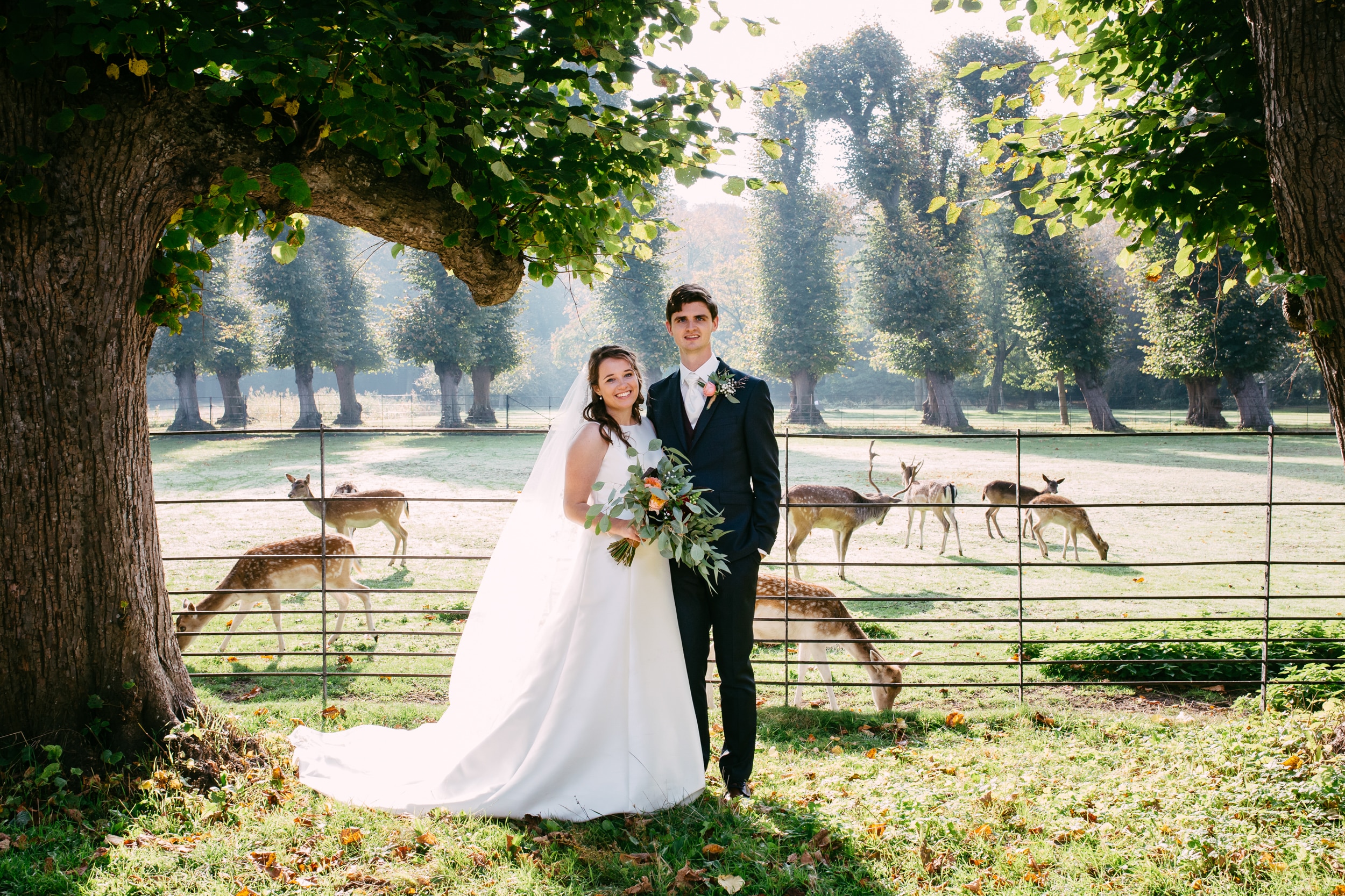 A bride and groom stand in a picturesque field surrounded by elegant deer.