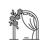 A line icon of an arch decorated with flowers, giving information about weddings.