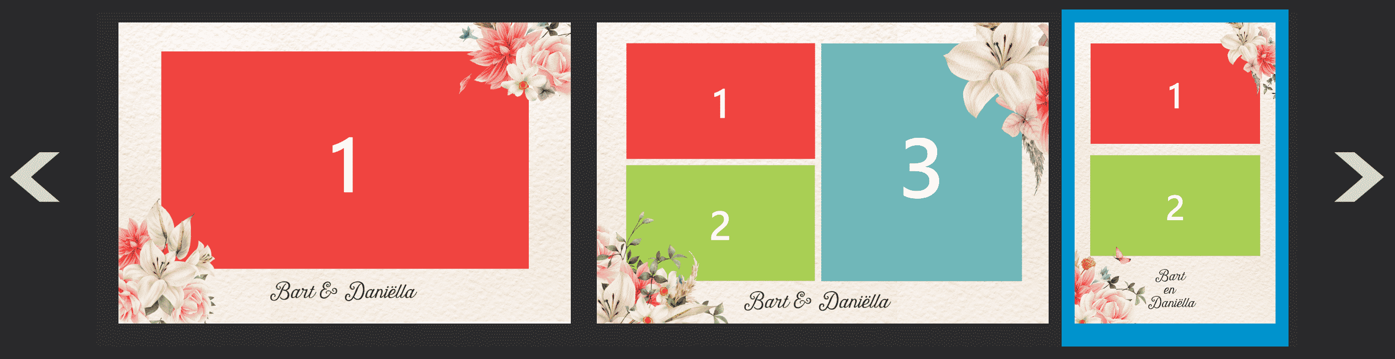 Een kleurrijke set van vier vierkanten, perfect voor een photobooth op een bruiloft.