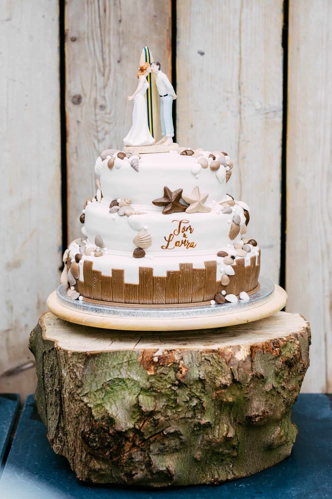     A wedding cake on top of a tree stump.