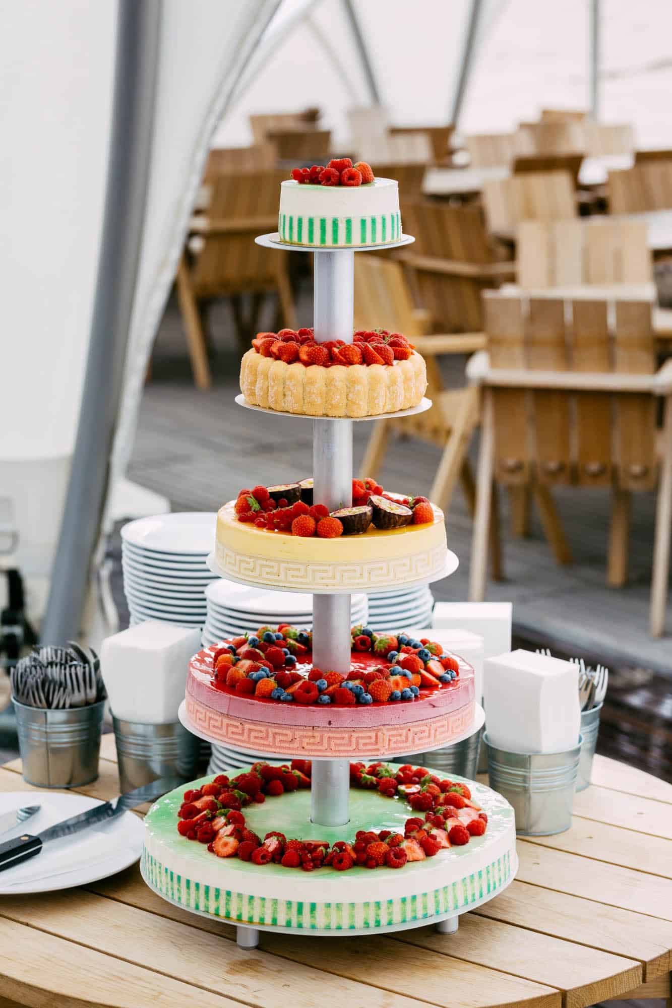 A wedding cake on a table.