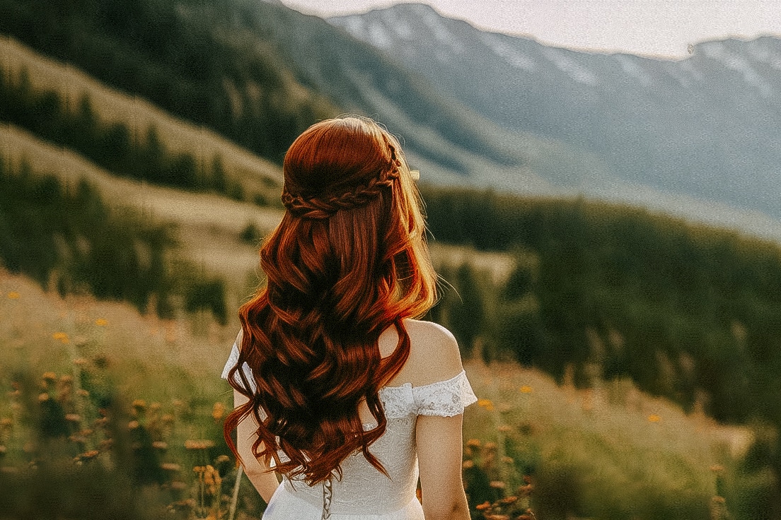 A bride in wedding dress stands in a field with mountains in the background, with beautiful bridal hairstyles.