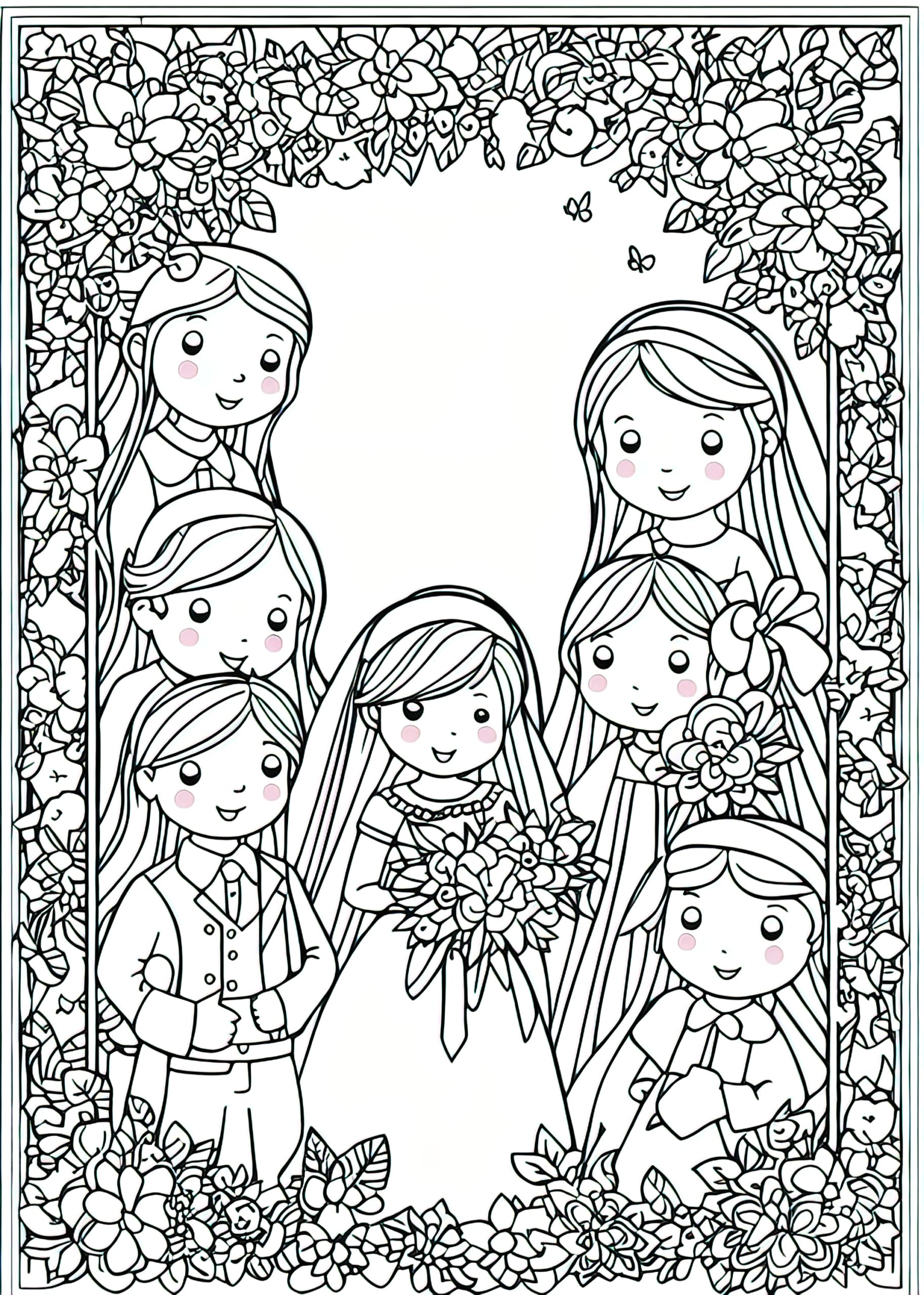 Wedding colouring page of bride and groom on tandem.