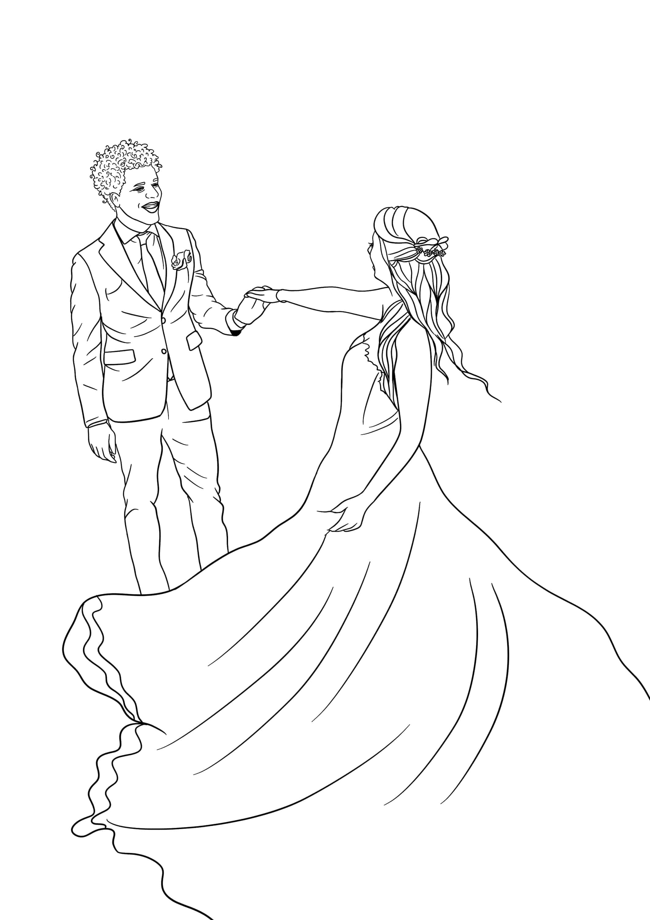 Wedding colouring page of a bride and groom with a beautiful wedding dress