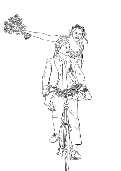 Wedding colouring page of bride and groom on tandem.