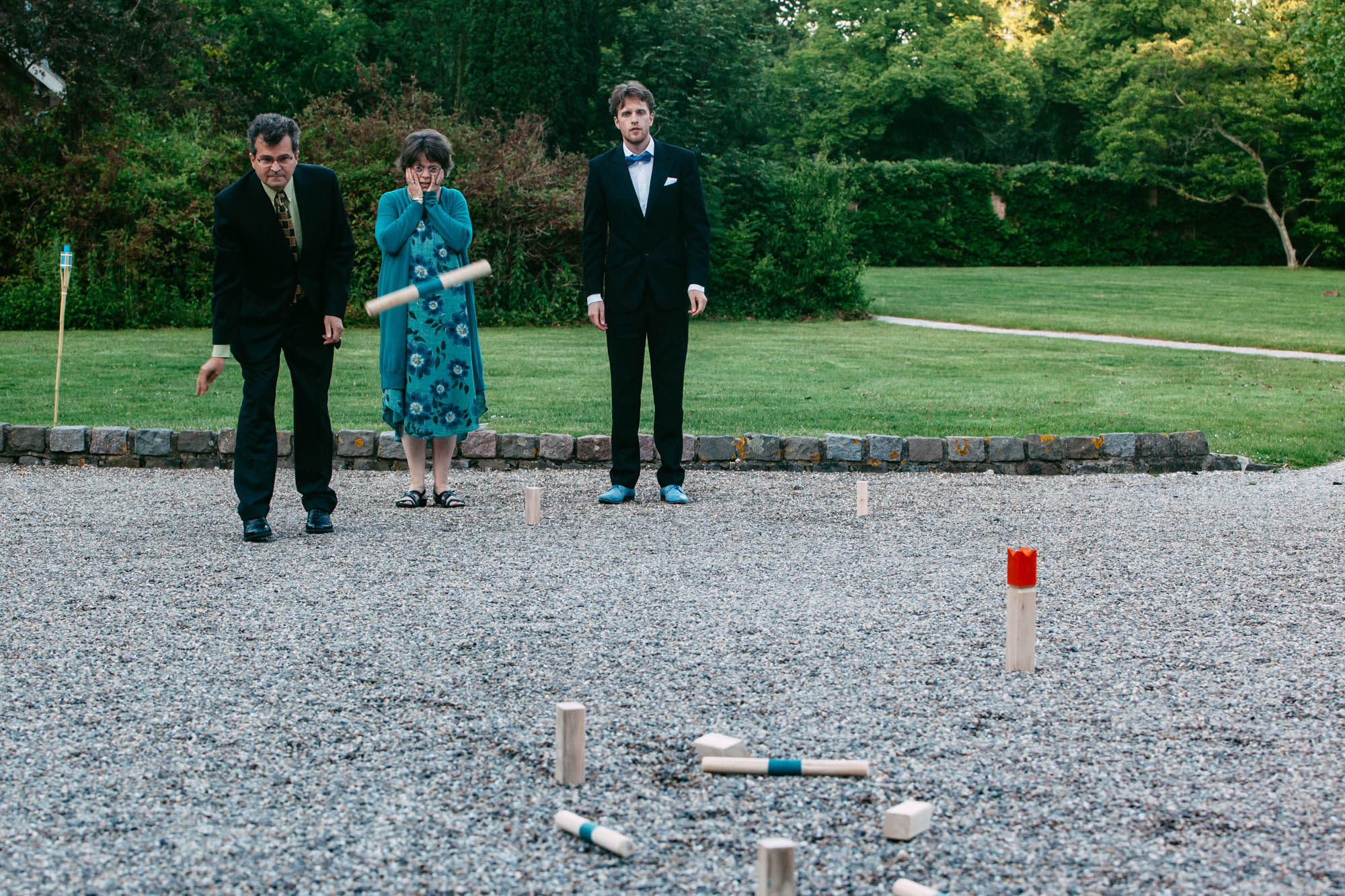 A group of people playing wedding games.