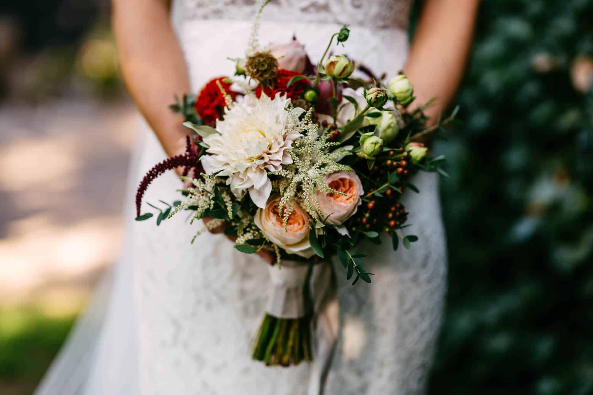 A bride with a wedding bouquet.