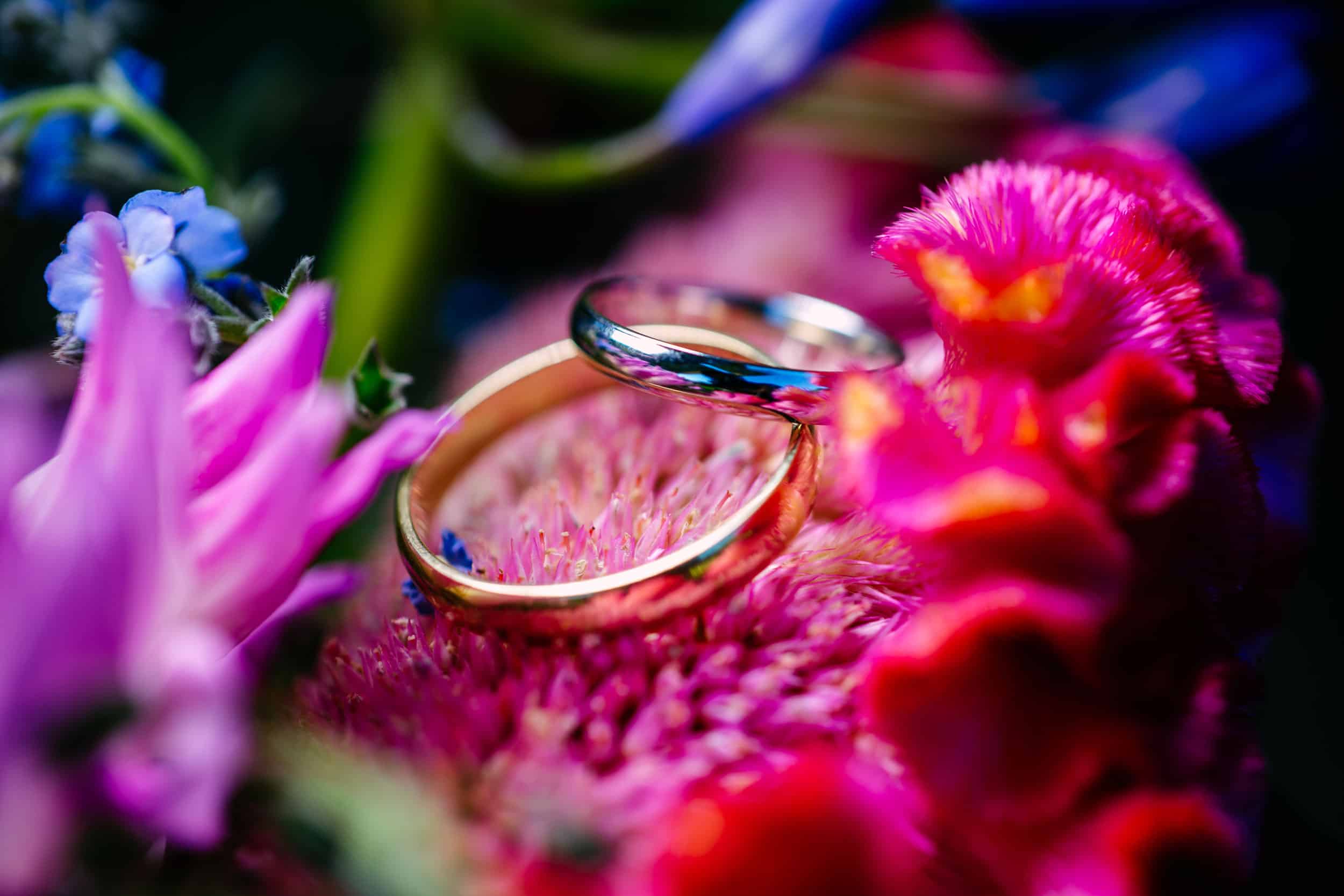 Tijdens de ondertrouw liggen er twee trouwringen op bloemen.