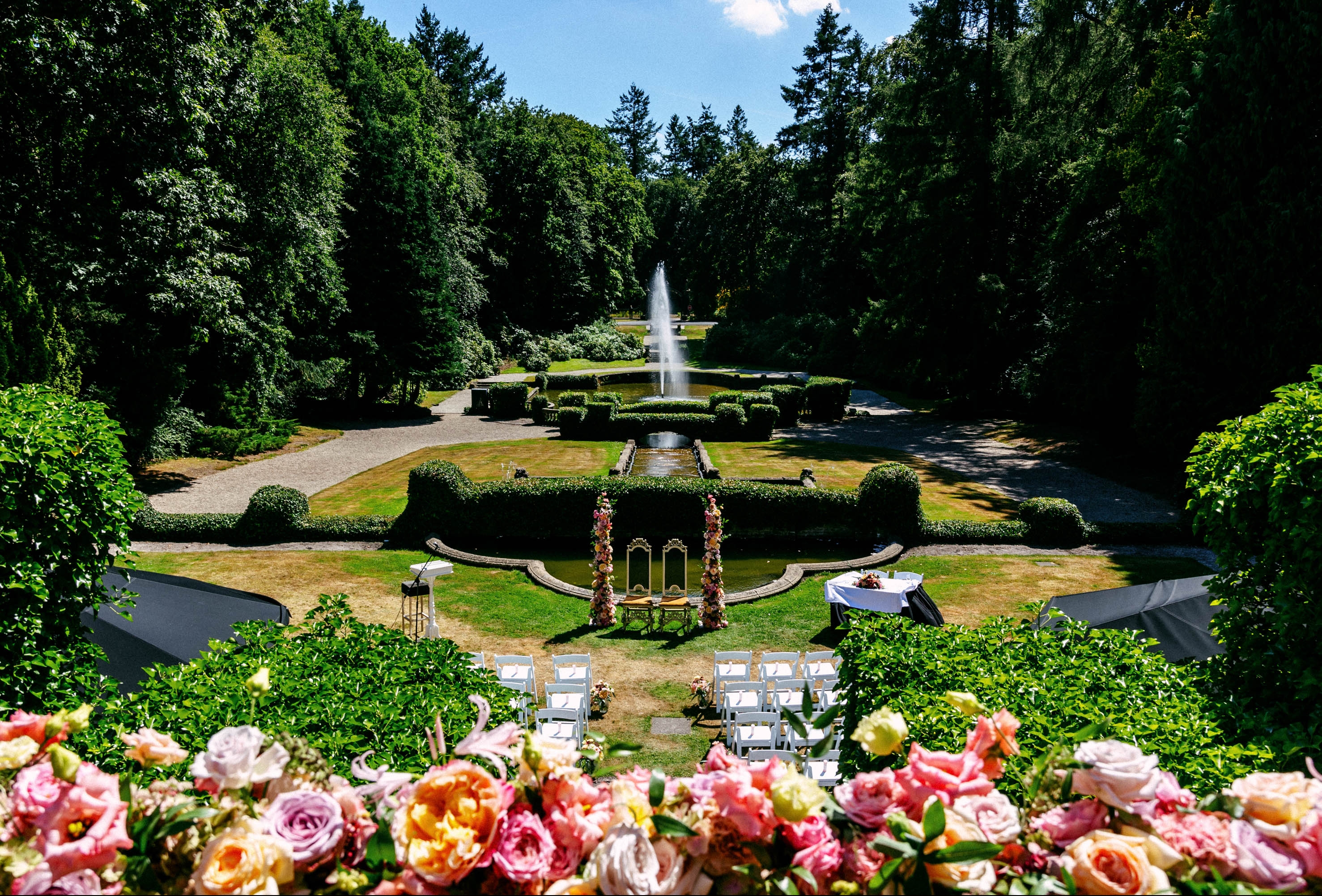 A Wedding Bouquet fountain in a garden.