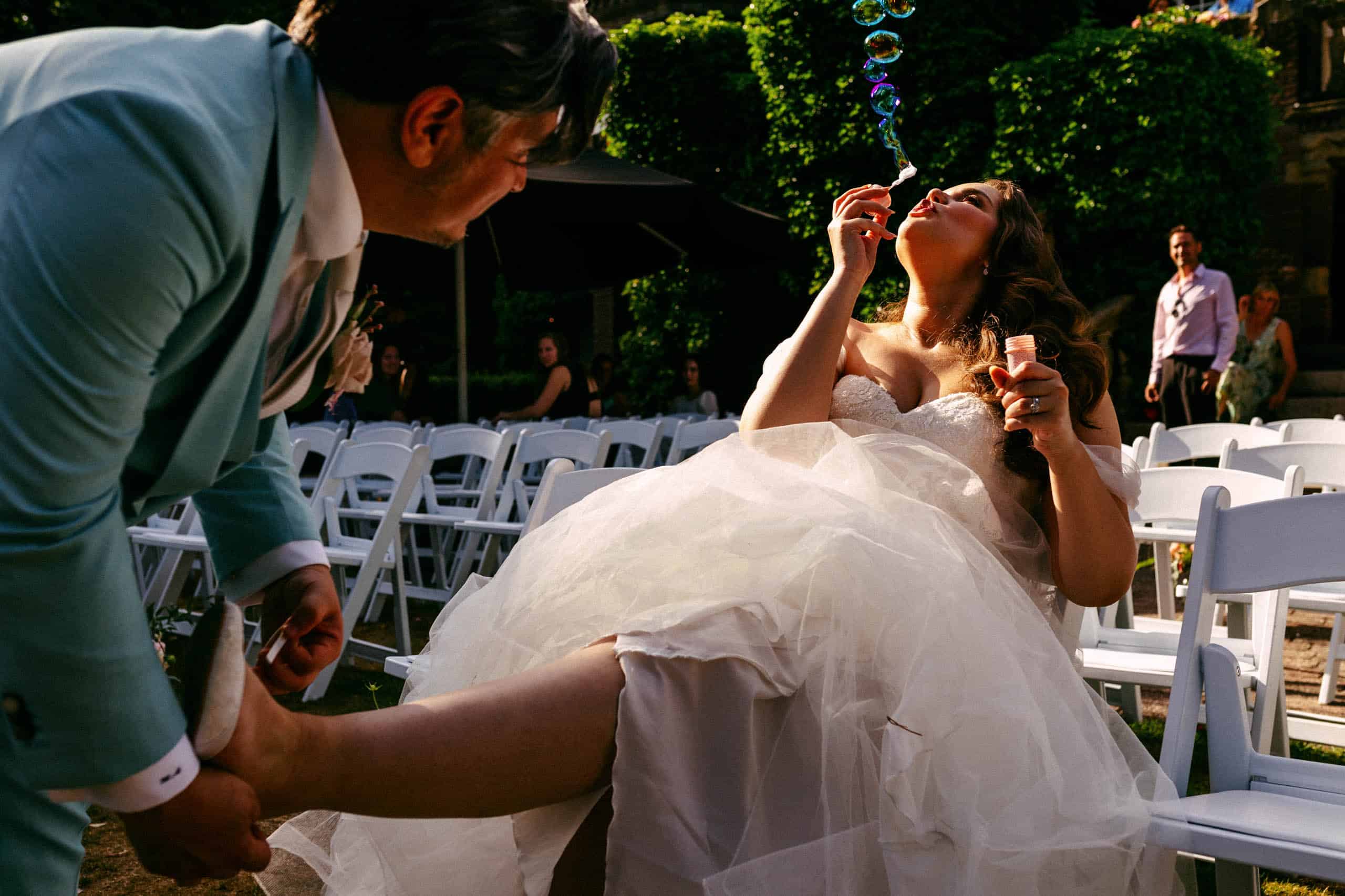 A script example of a wedding ceremony capturing the magical moment when a bride and groom blow bubbles.