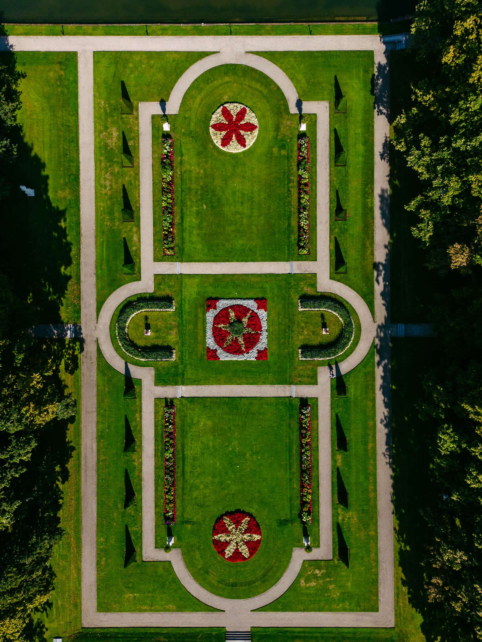 Aerial view of Castle de haar in a park.