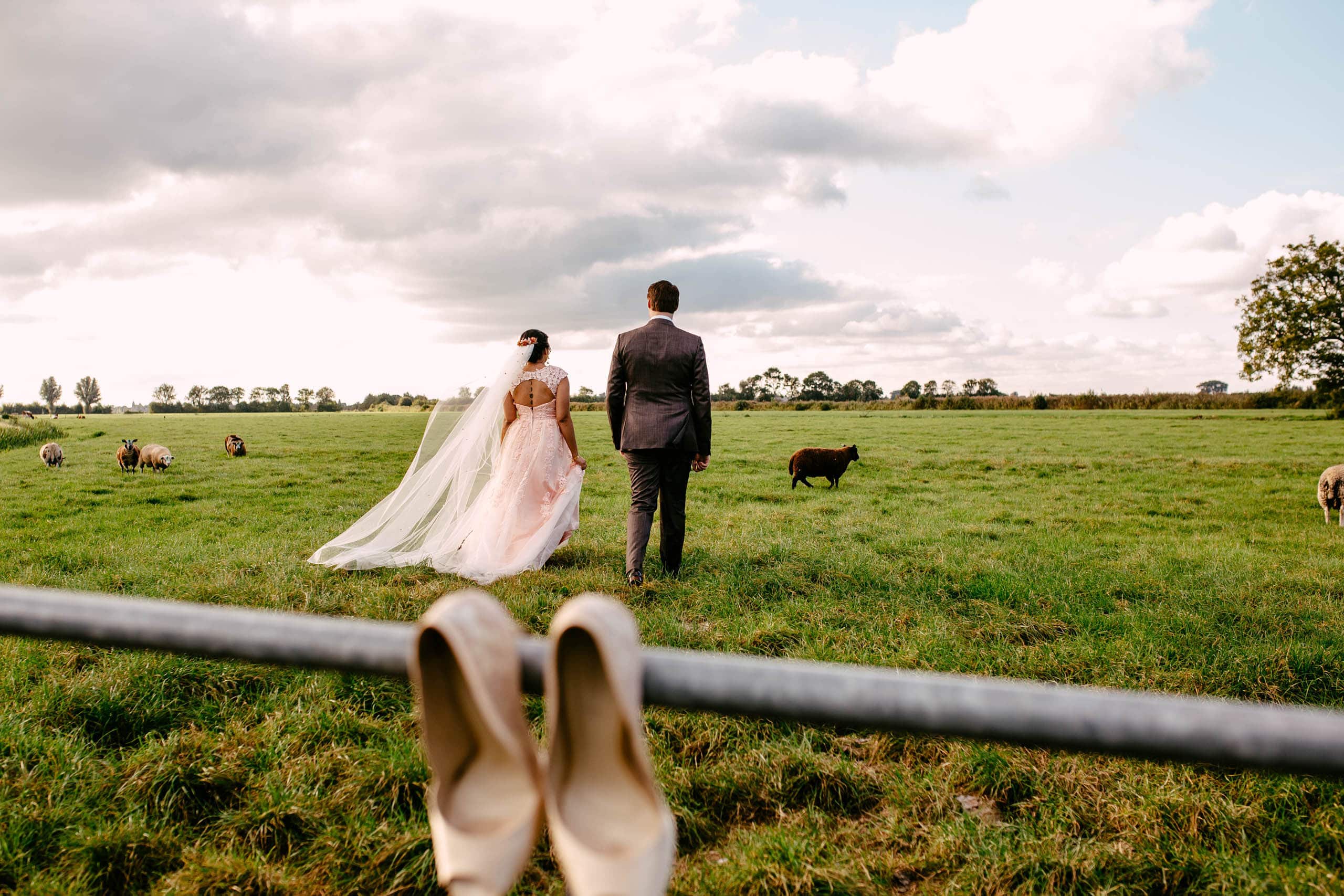 Een bruid en bruidegom staan comfortabel in een veld met schapen die comfortabele bruidsschoenen dragen.