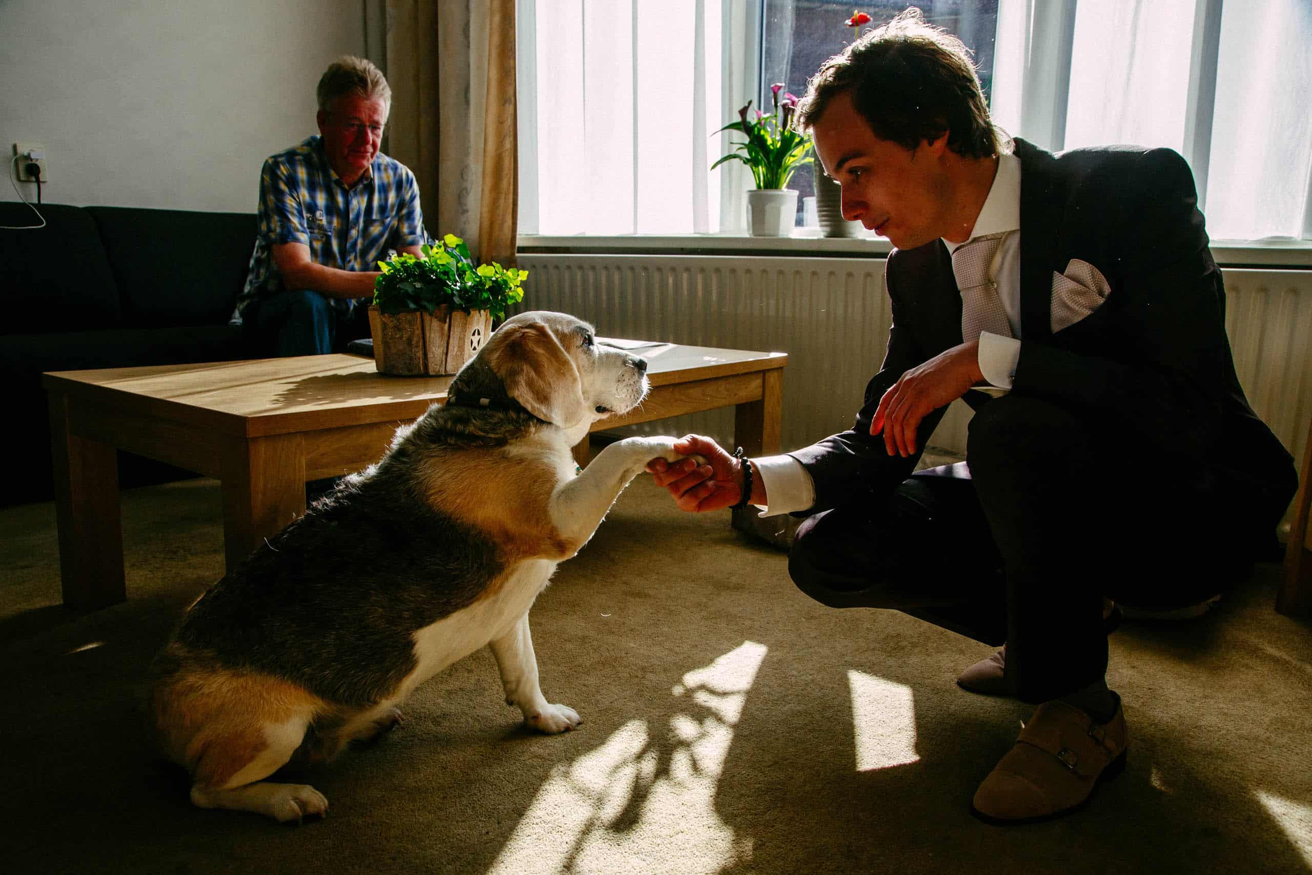 Een man aait een hond in een woonkamer vol warmte en vreugde.