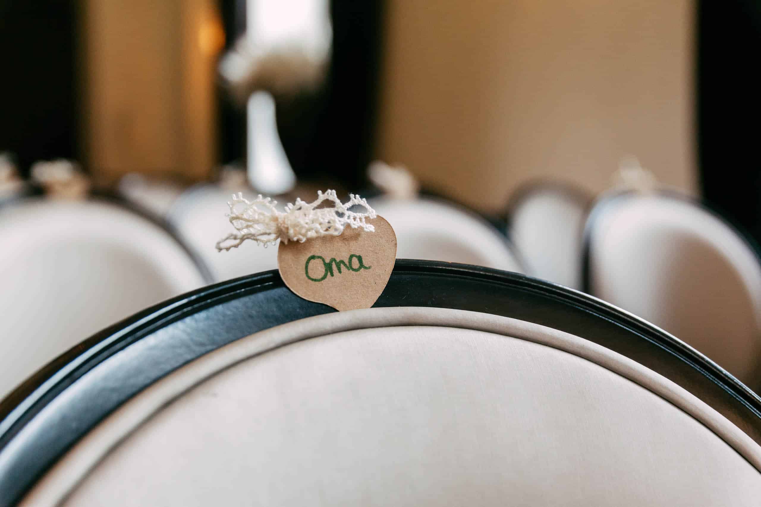 Wedding chairs with names on them, personalised at wedding invitation.