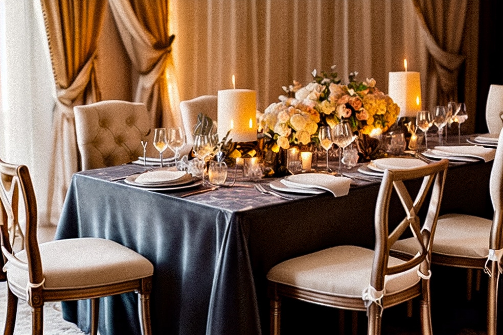 A table setting with candles and flowers for a wedding decoration.