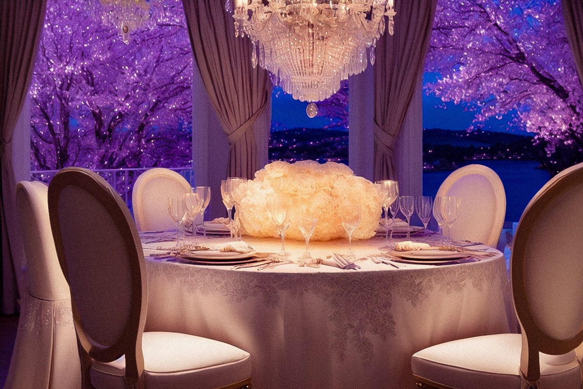 Decoratie-ideeën voor een bruiloft, met een tafelset met witte stoelen en een kroonluchter.
