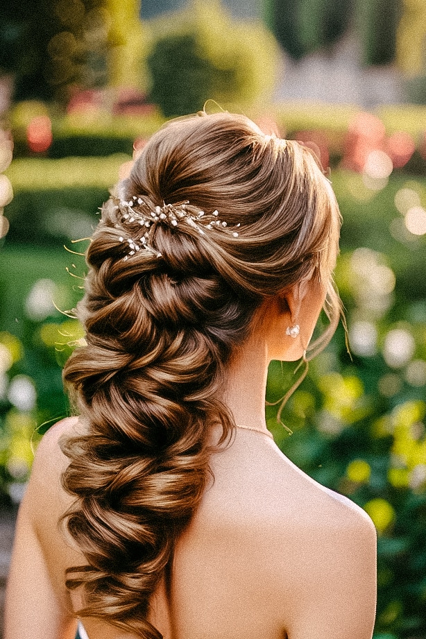 A bride with long curly hair, styled in a beautiful bridal hairstyle, with stunning bridal hairstyles.