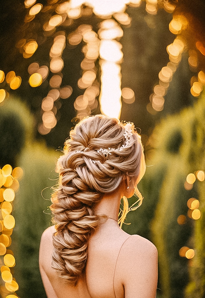 The back of a bride with a braided hairstyle with elegant bridal hairstyles.