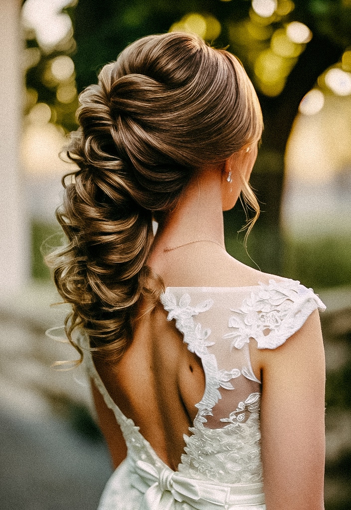 Een bruid met lang haar en een prachtig bruidskapsel op de rug, gekleed in een prachtige trouwjurk.