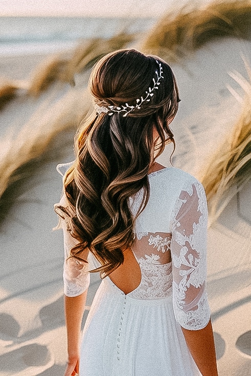 A bride in a white wedding dress walking along the sand dunes, with elegant bridal hairstyles.