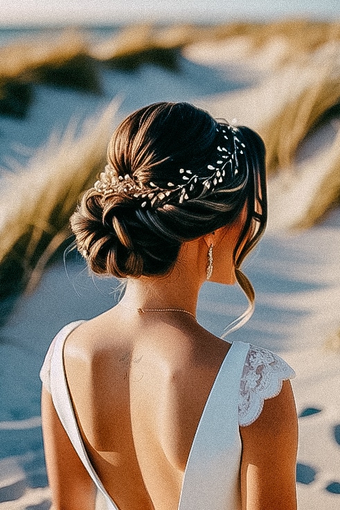 A bride in a white wedding dress walks gracefully along the sandy beach, with beautiful bridal hairstyles.