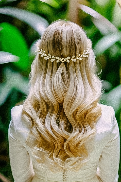 Een bruid met lang blond haar, versierd met een bladkroon waarop prachtige bruidskapsels te zien zijn.