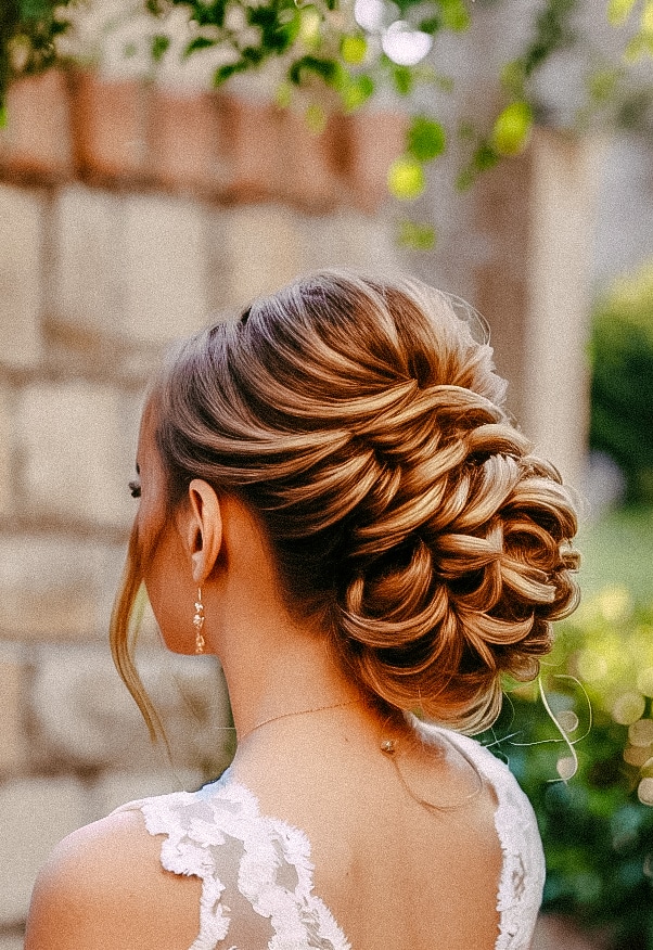 A bride with a messy updo and bridal hairstyles.