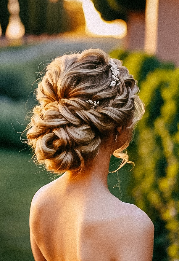 A beautiful bridal hairstyle that shows the back of a bride with her hair elegantly styled in a braided updo.