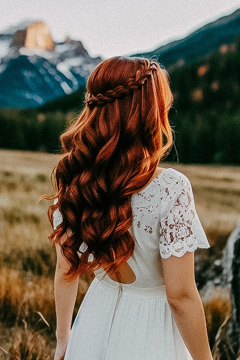 A bride in a white dress stands in a field with mountains in the background, with beautiful bridal hairstyles.