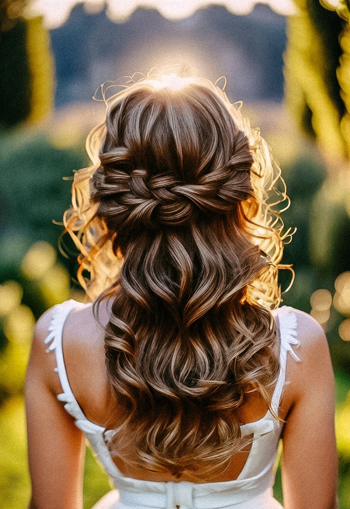 A beautiful bride with long hair dressed in an elegant braided updo, perfect for bridal hairstyles.
