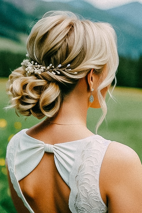 Een bruid met blond haar en bruidskapsels met een bloem in het haar.