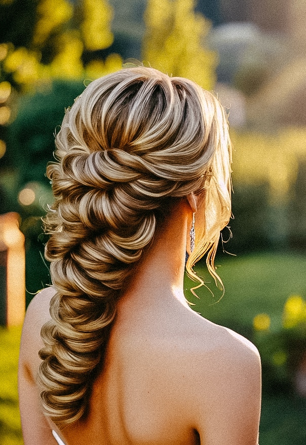 A bride with long blonde hair in a braided updo with elegant bridal hairstyles.