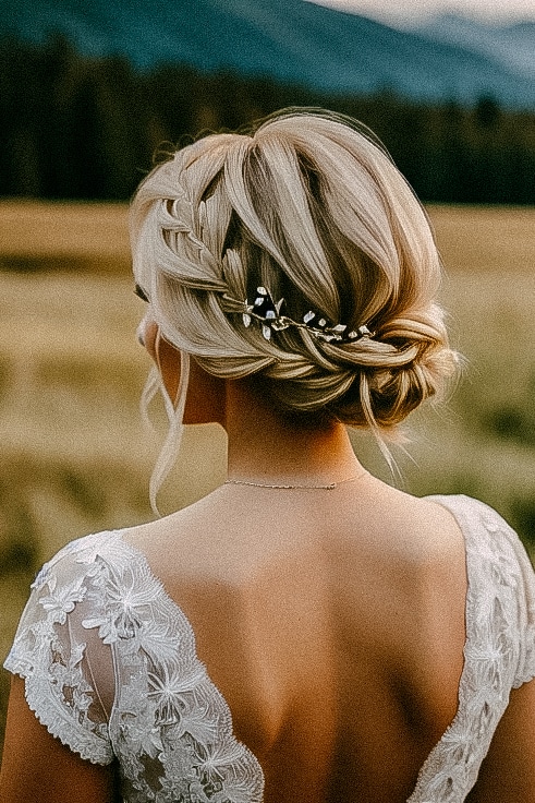 A bride with braided hair in a field with mountains in the background and beautiful bridal hairstyles.