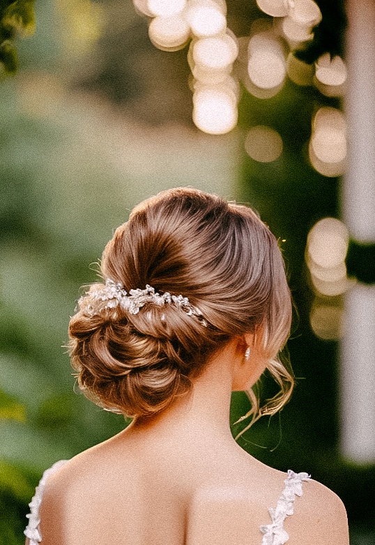A beautiful bride in a wedding dress with a flower in her hair, with gorgeous bridal hairstyles.
