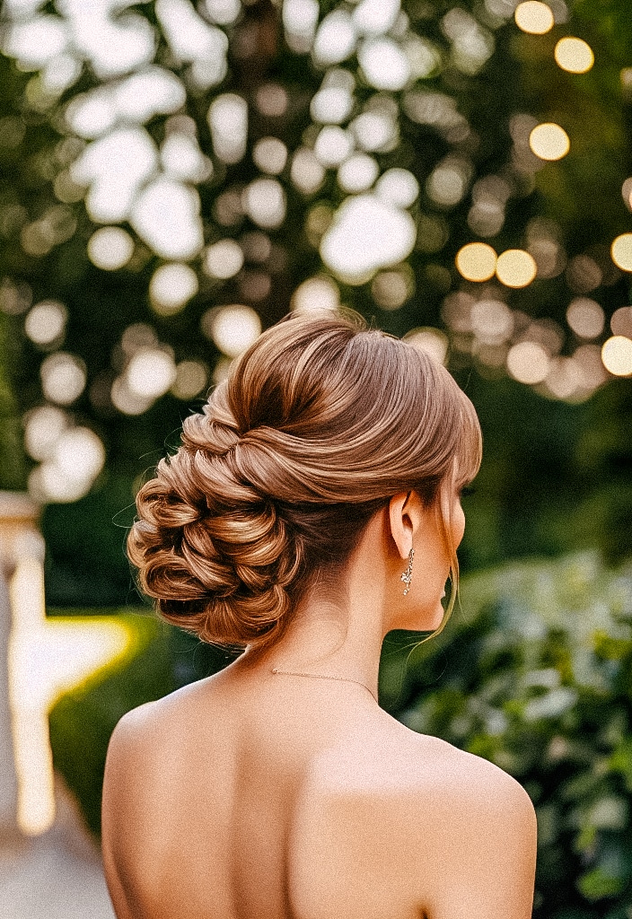 A bride with her hair in a bun, with the elegant bridal hairstyles clearly visible.