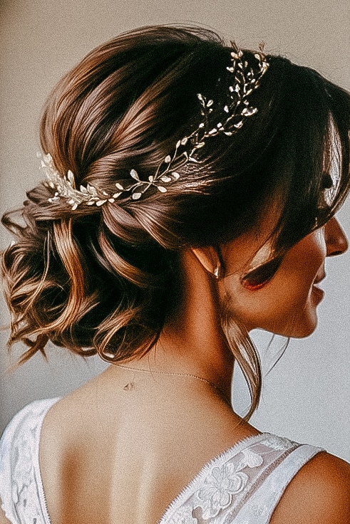A bridal hairstyle with a flower crown, making long hair easy to see.
