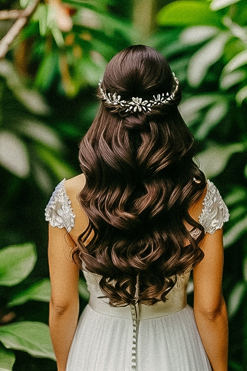 De achterkant van een bruid met lang haar in een bos, met prachtige bruidskapsels.