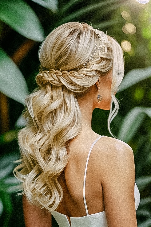 Description: A bride with long blonde hair in a braided updo.