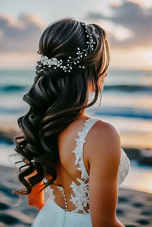 A bride with long hair standing on the beach at sunset.