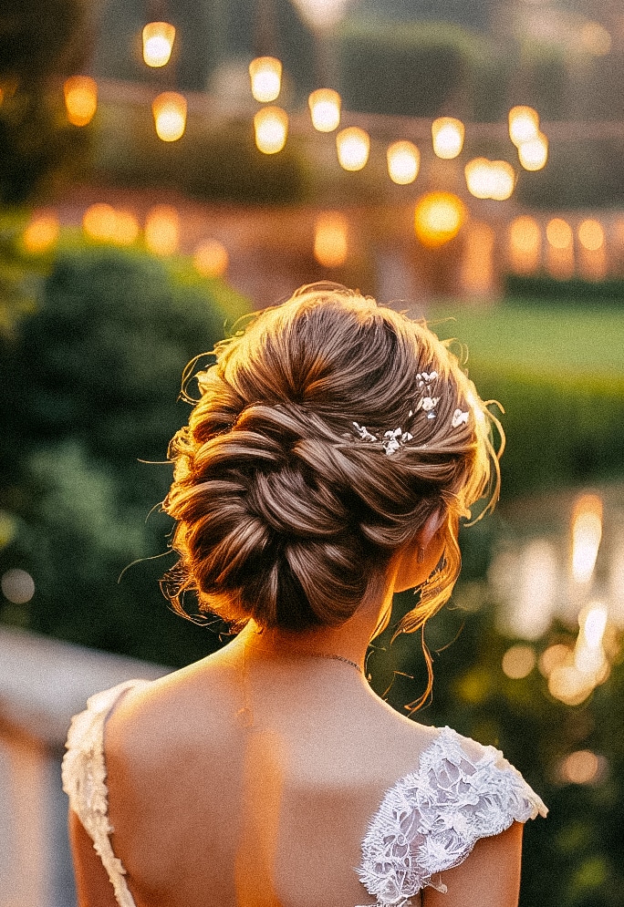The back of a bride in a beautiful wedding dress, with intricate bridal hairstyles (bridal hairstyles).