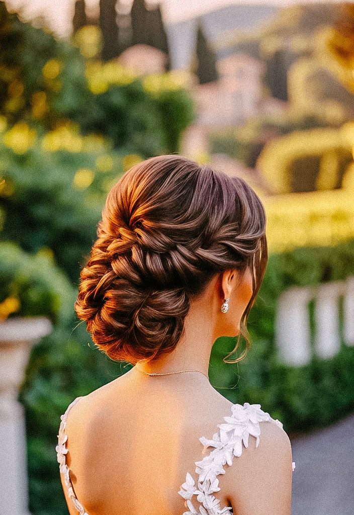 A bride in a wedding dress with a braided bridal hairstyle.