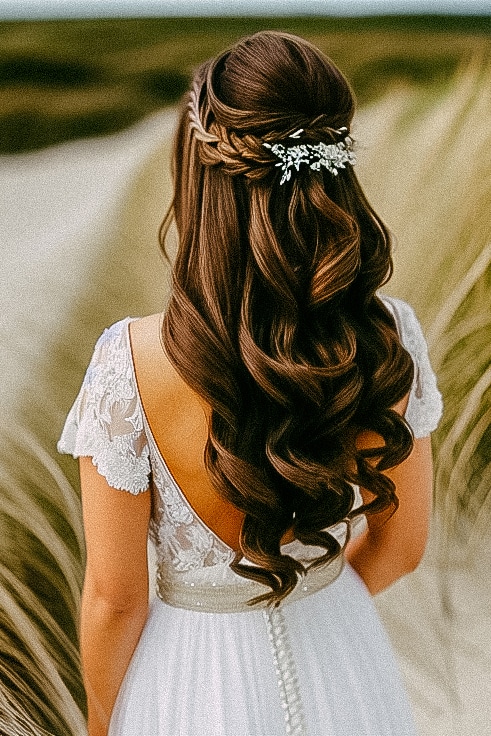 A bridal hairstyle bride with long hair in the sand