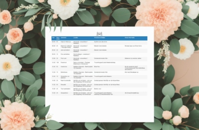 A wedding schedule with flowers in the background, captured during an introductory meeting with a wedding photographer.