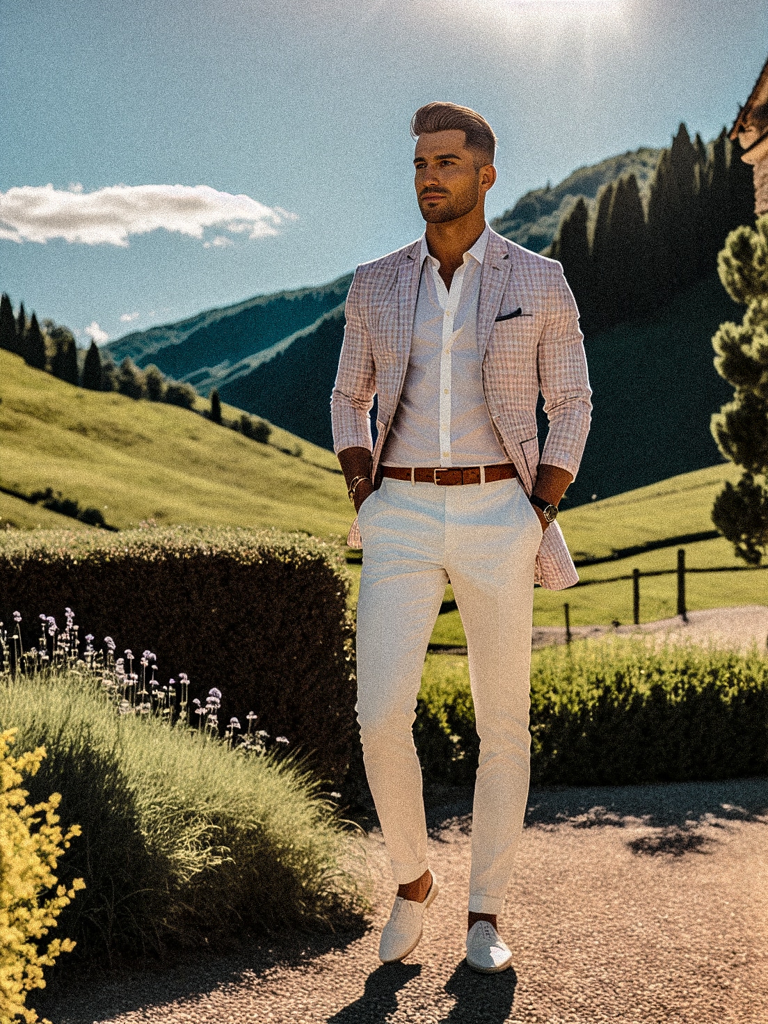 Description: A man dressed in white trousers and a pink blazer.