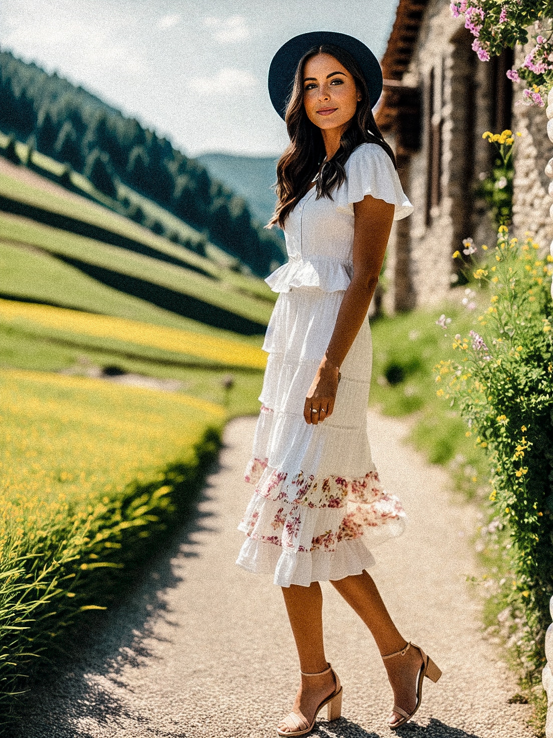 A woman dressed in a white midi dress and hat, perfect for a wedding.
