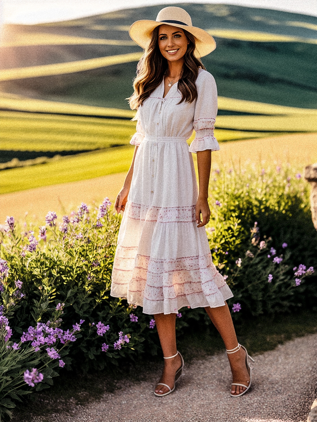 A woman, dressed in a white dress and hat, perfect for a wedding, in a beautiful field.