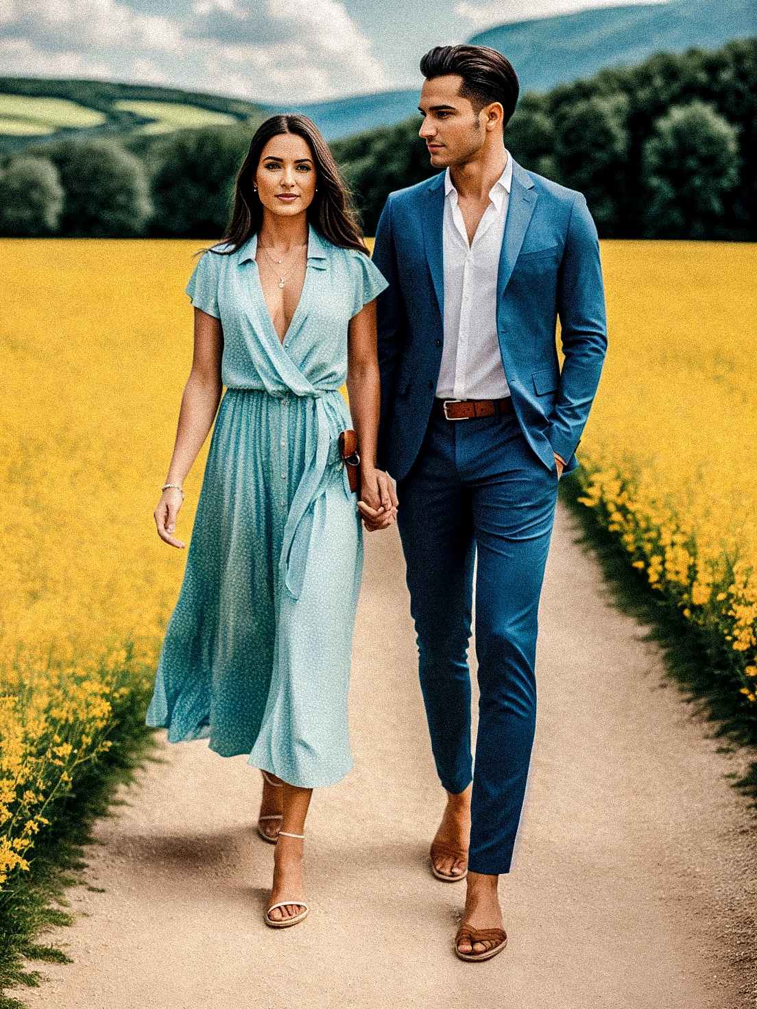 A man and a woman walk through a field of yellow flowers, dressed in elegant clothing suitable for a wedding.