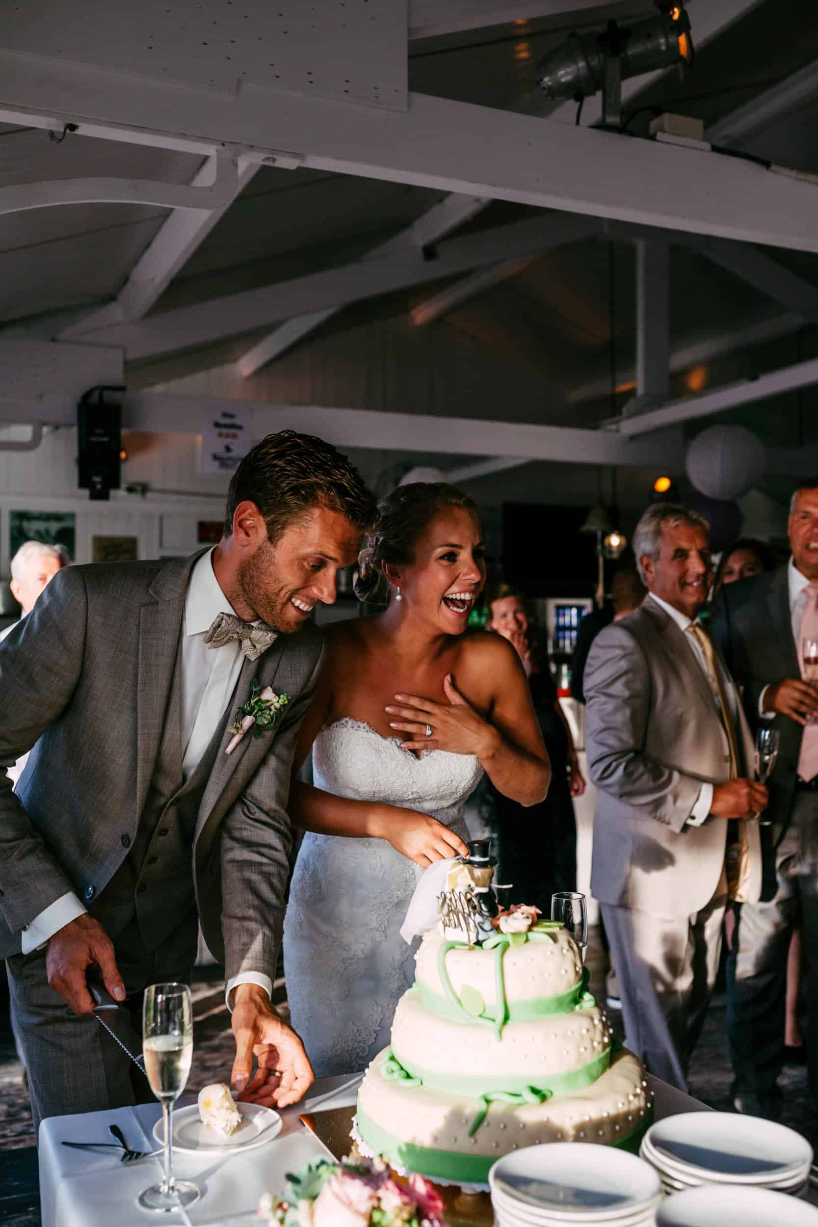 A bride and groom cut their wedding cake.